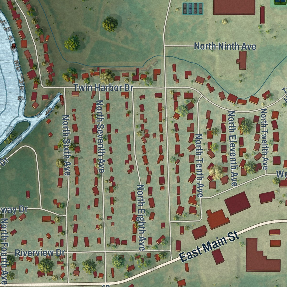 Second close-up of the map of Winneconne, Wisconsin print showing more streets and buildings