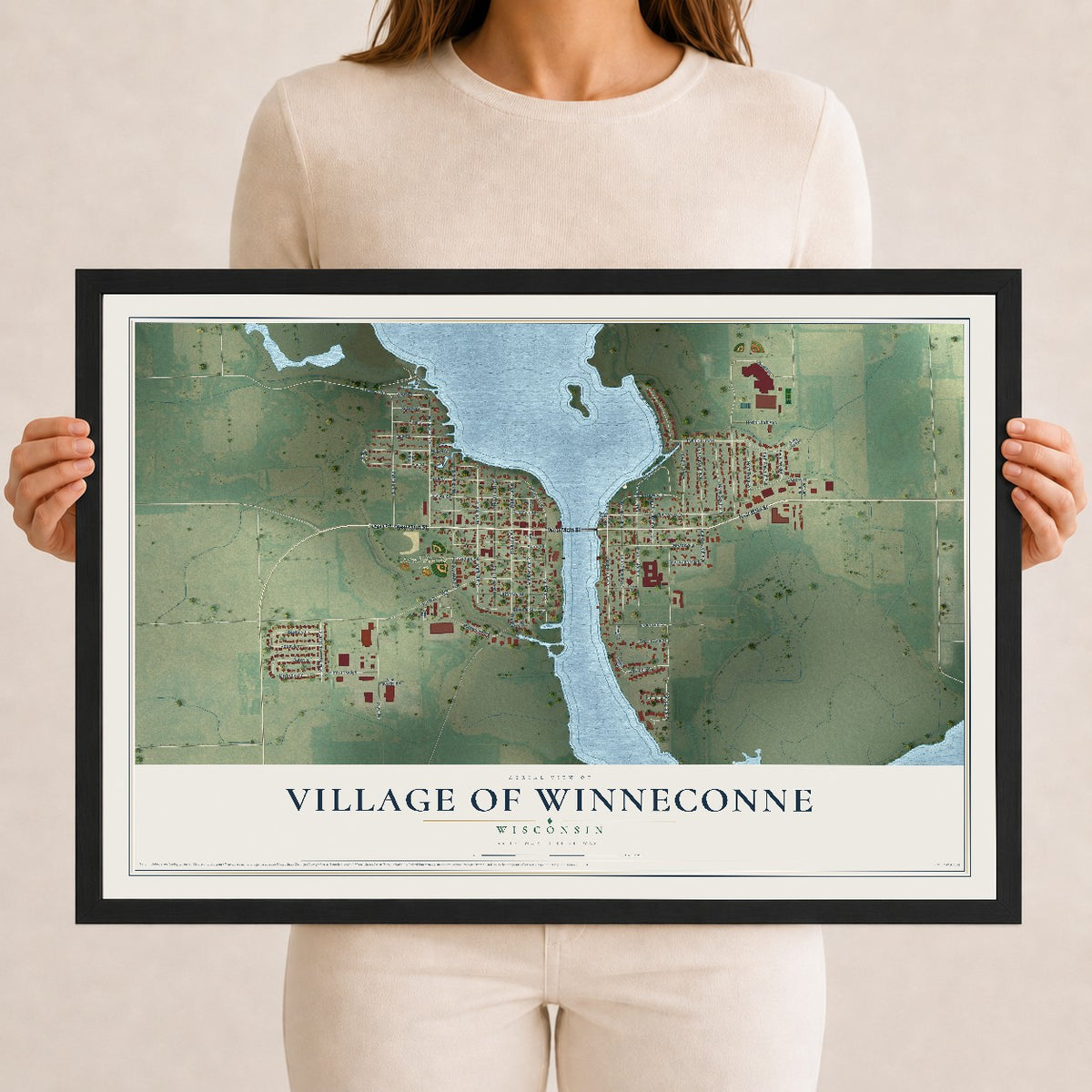 Map of Winneconne, Wisconsin, 12 x 18 inch print in a black wood frame