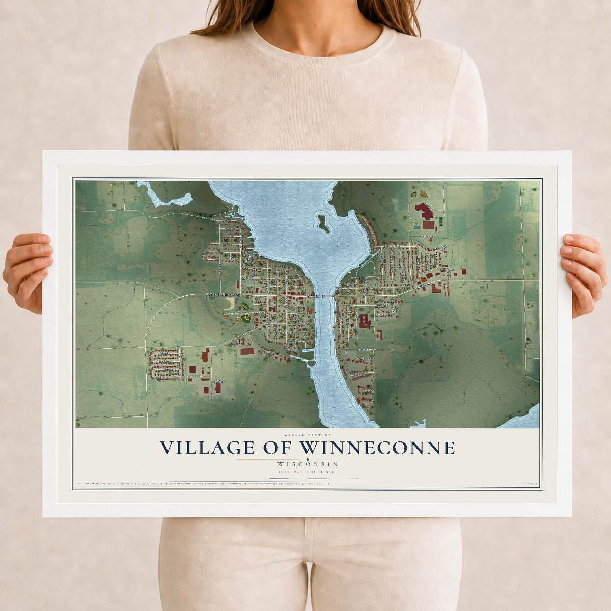Map of Winneconne, Wisconsin, 12 x 18 inch print in a white wood frame