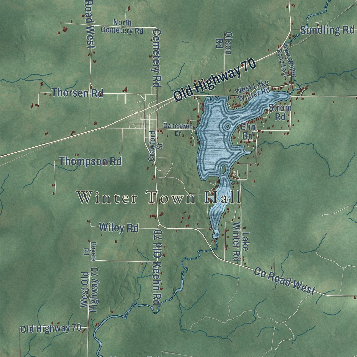 Close-up of the map of the Town of Winter, Wisconsin print showing street and building detail