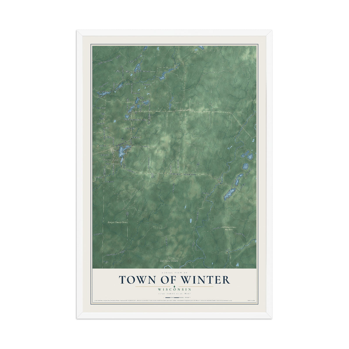 Map of the Town of Winter, Wisconsin, 12 x 18 inch print in a white wood frame