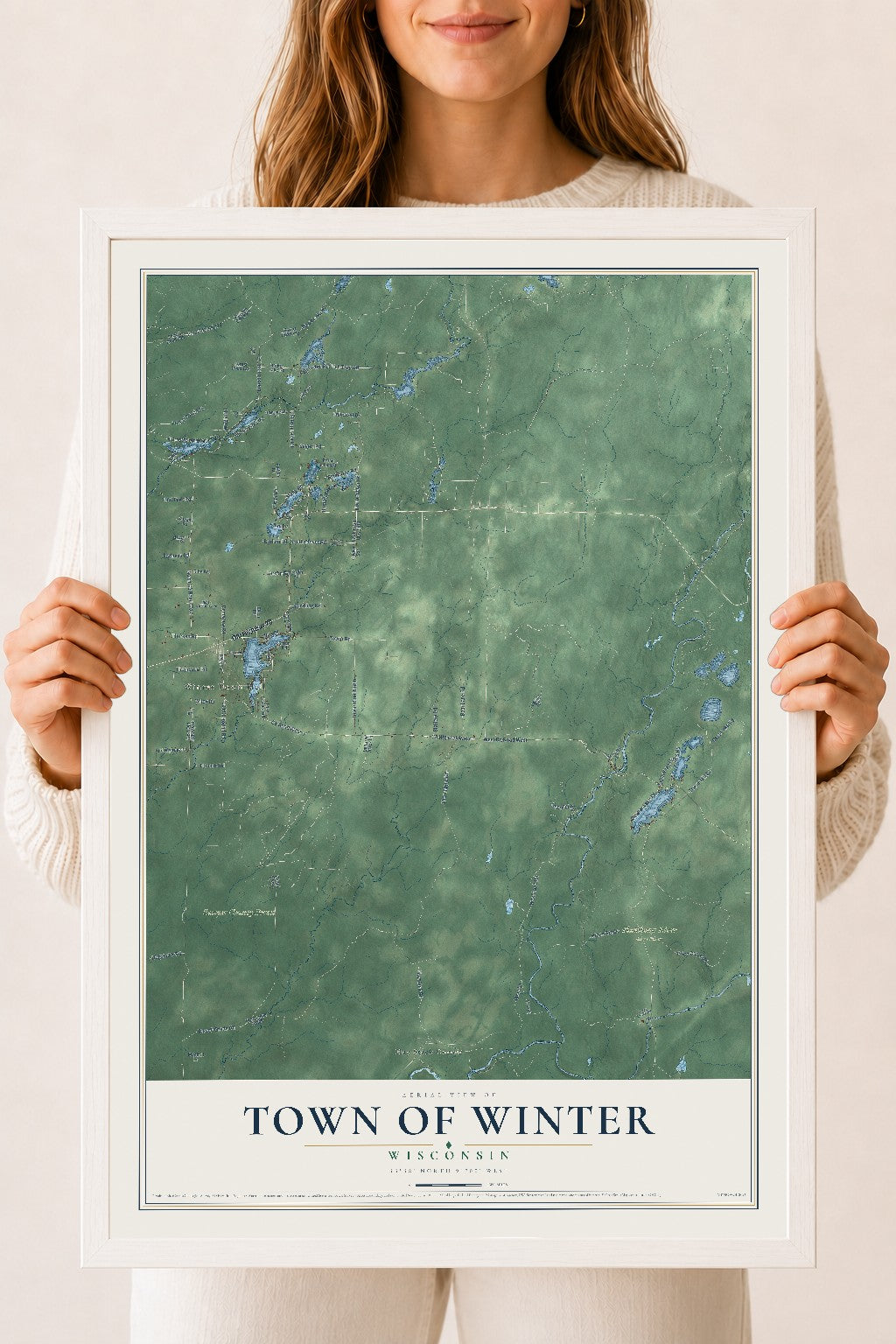 Map of the Town of Winter, Wisconsin, 18 x 24 inch print in a white wood frame