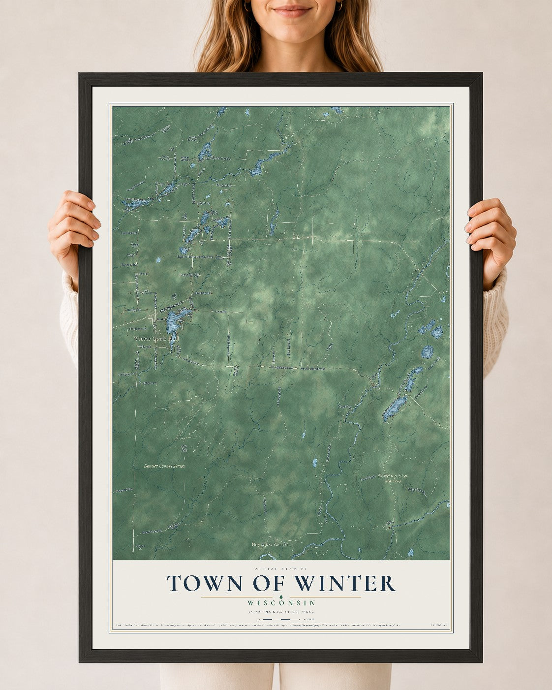Map of the Town of Winter, Wisconsin, 24 x 36 inch print in a black wood frame