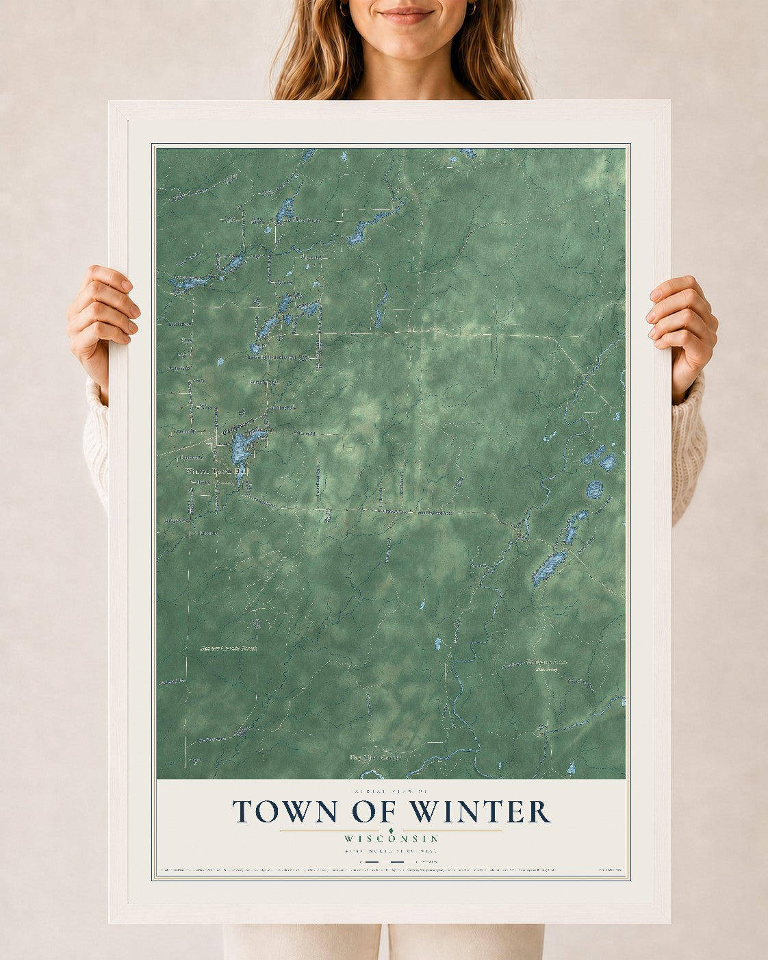 Map of the Town of Winter, Wisconsin, 24 x 36 inch print in a white wood frame