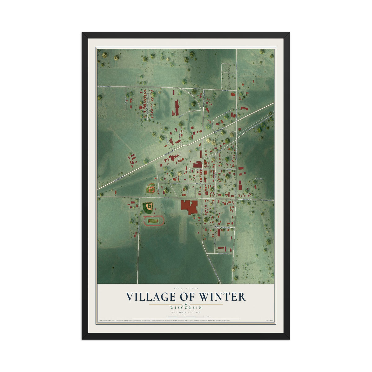 Map of Winter, Wisconsin, 12 x 18 inch print in a black wood frame