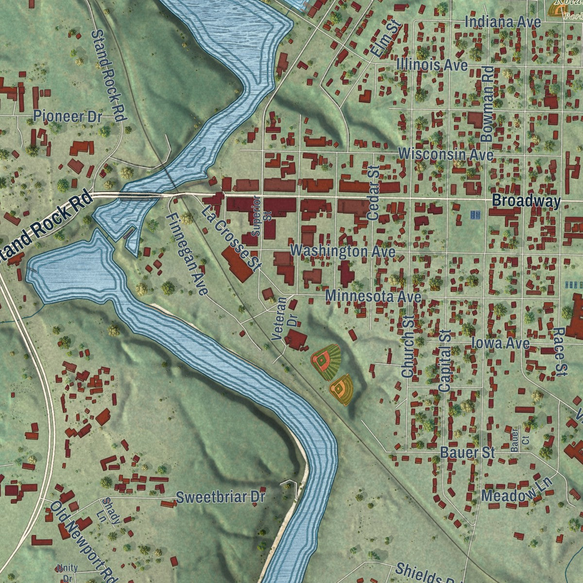 Close-up of the map of Wisconsin Dells, Wisconsin print showing street and building detail