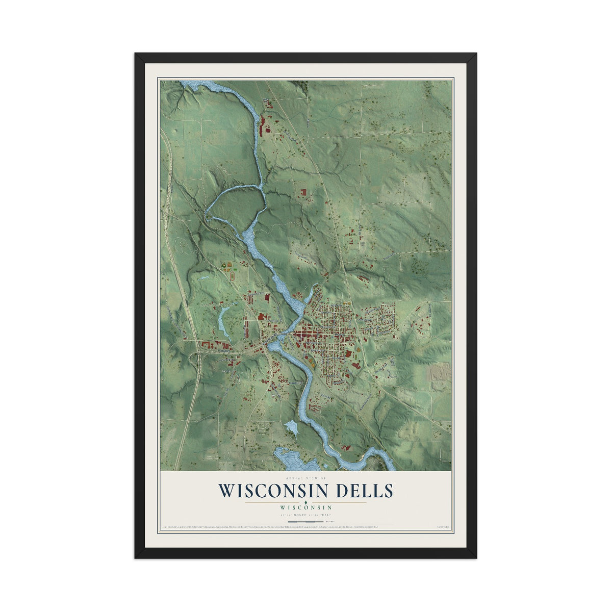 Map of Wisconsin Dells, Wisconsin, 12 x 18 inch print in a black wood frame