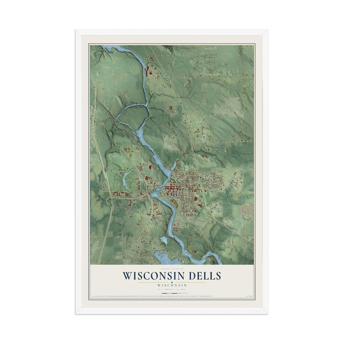 Map of Wisconsin Dells, Wisconsin, 12 x 18 inch print in a white wood frame