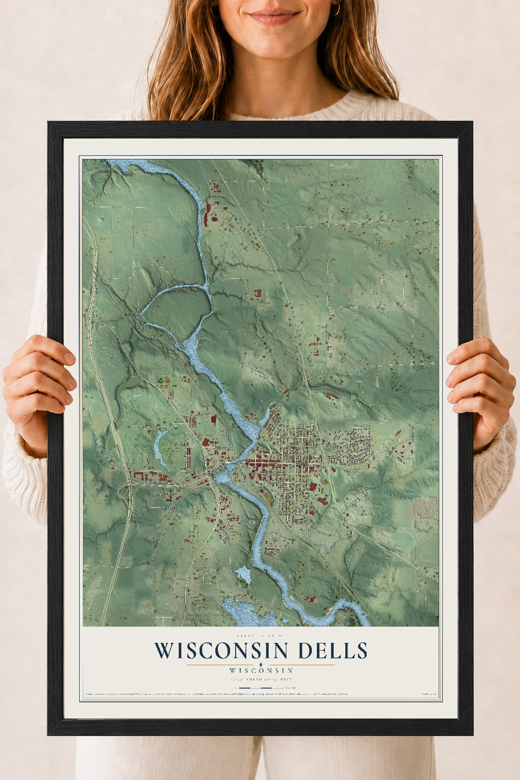 Map of Wisconsin Dells, Wisconsin, 18 x 24 inch print in a black wood frame