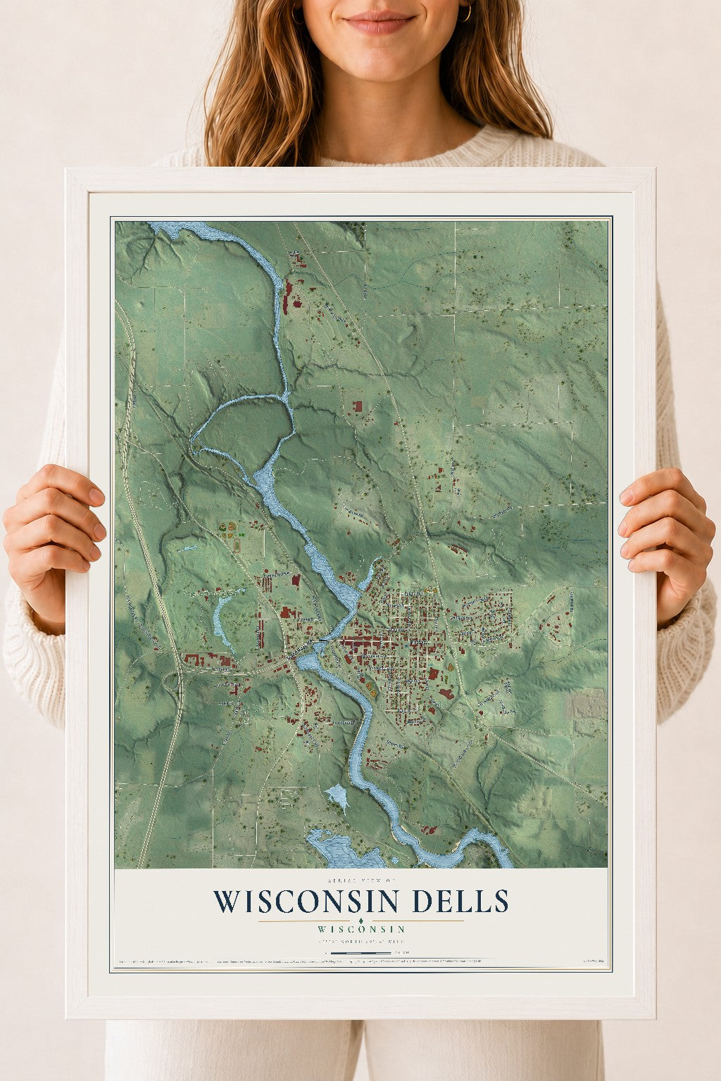 Map of Wisconsin Dells, Wisconsin, 18 x 24 inch print in a white wood frame