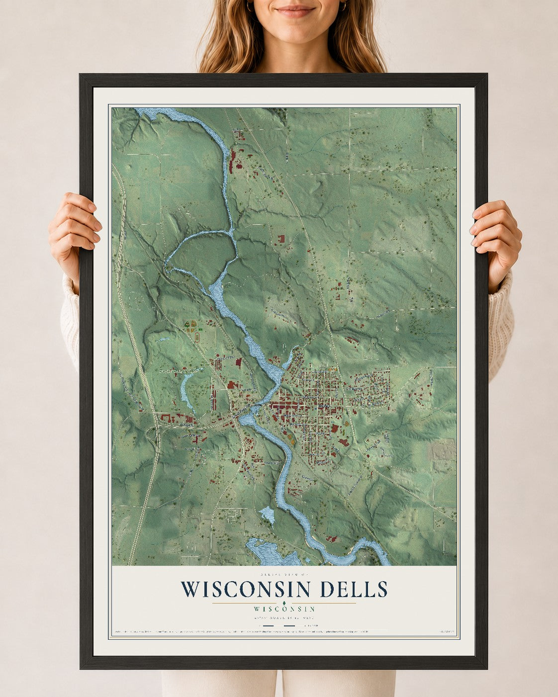 Map of Wisconsin Dells, Wisconsin, 24 x 36 inch print in a black wood frame