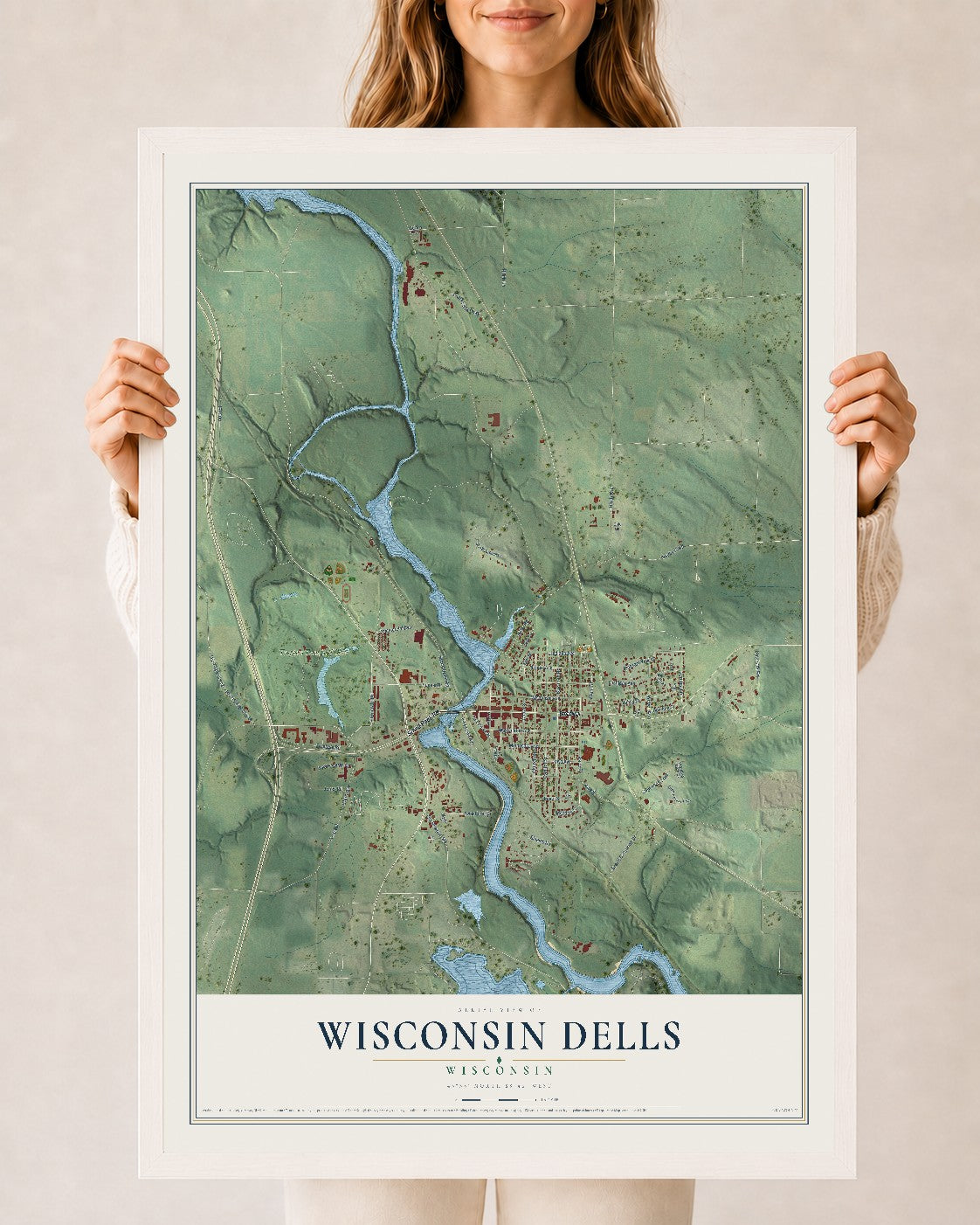 Map of Wisconsin Dells, Wisconsin, 24 x 36 inch print in a white wood frame