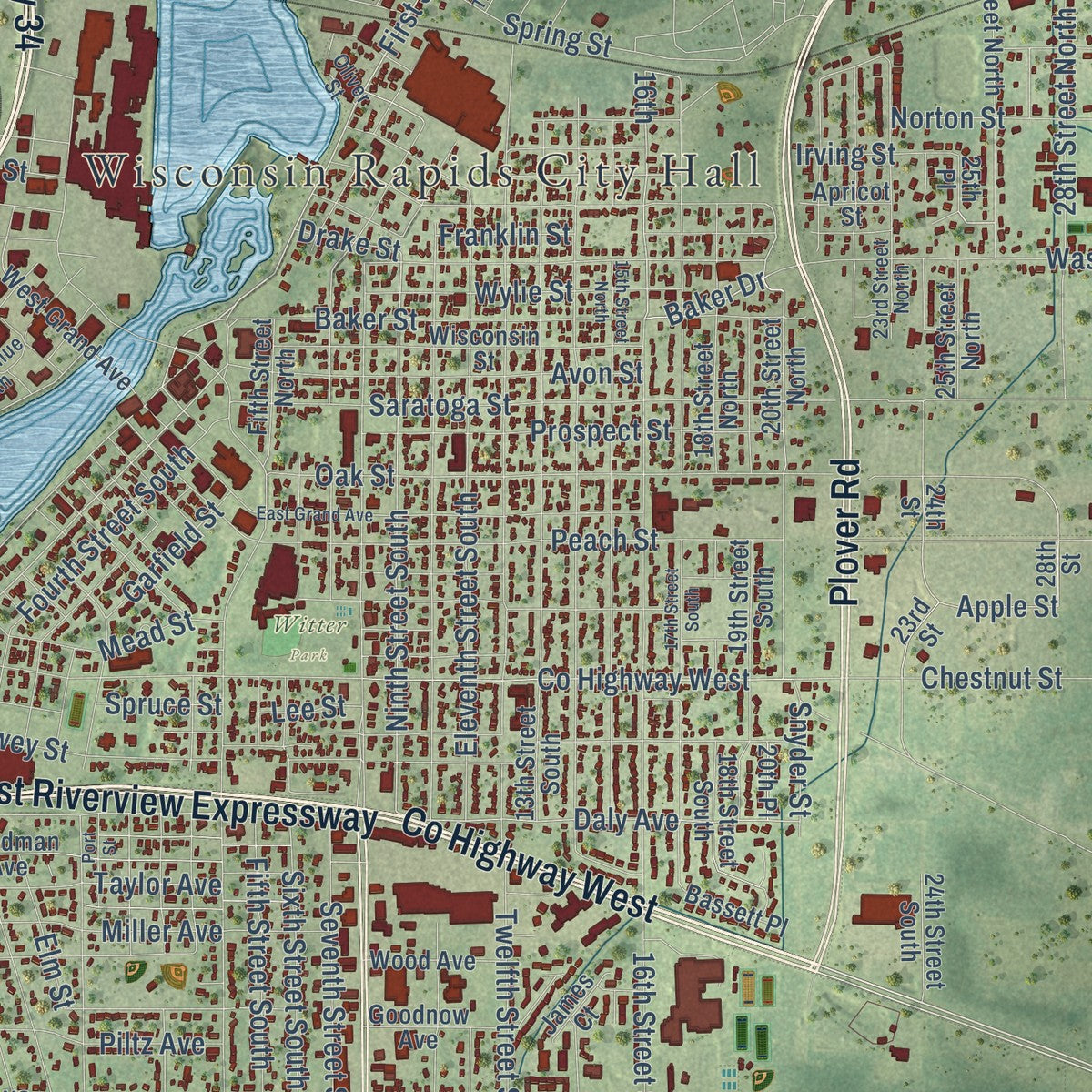 Close-up of the map of Wisconsin Rapids, Wisconsin print showing street and building detail