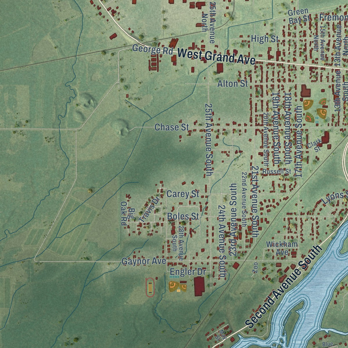 Second close-up of the map of Wisconsin Rapids, Wisconsin print showing more streets and buildings