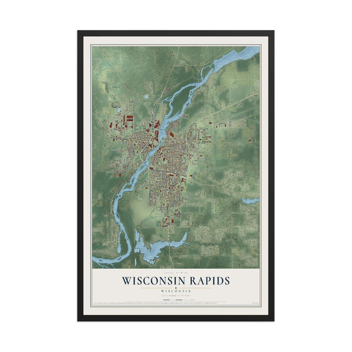 Map of Wisconsin Rapids, Wisconsin, 12 x 18 inch print in a black wood frame