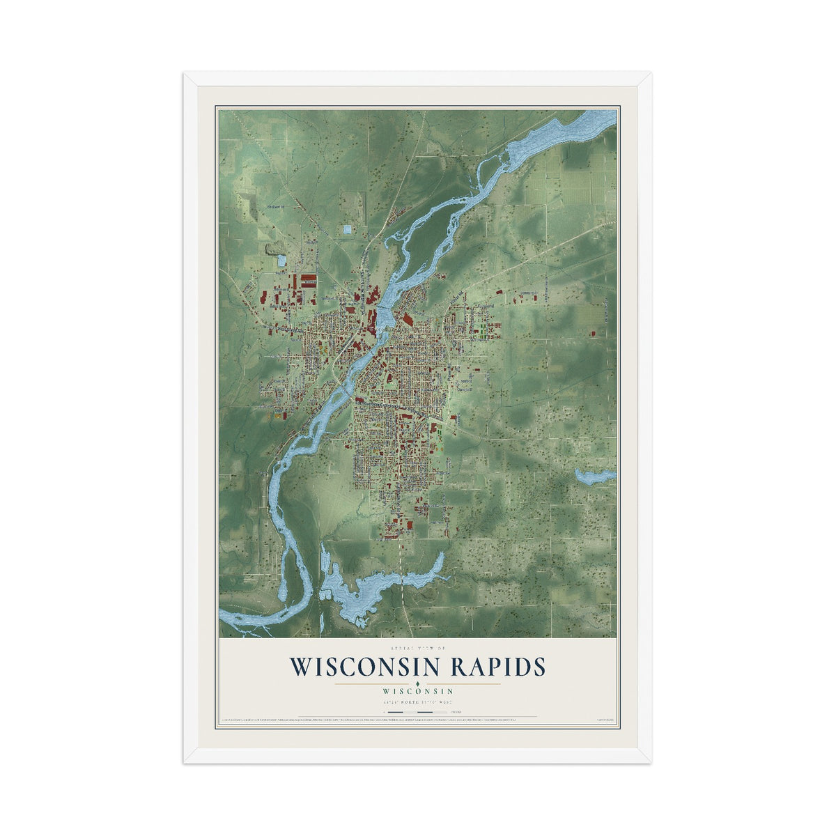 Map of Wisconsin Rapids, Wisconsin, 12 x 18 inch print in a white wood frame