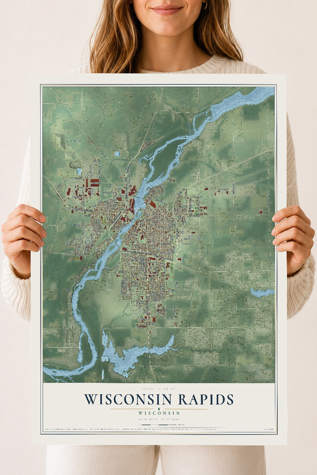 Map of Wisconsin Rapids, Wisconsin, 18 x 24 inch unframed archival matte print