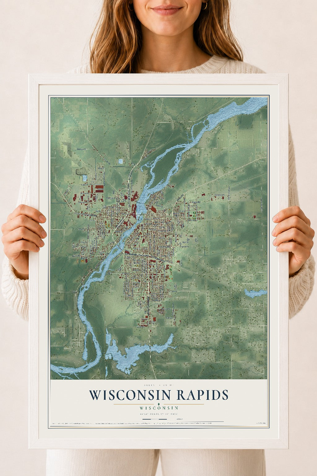 Map of Wisconsin Rapids, Wisconsin, 18 x 24 inch print in a white wood frame