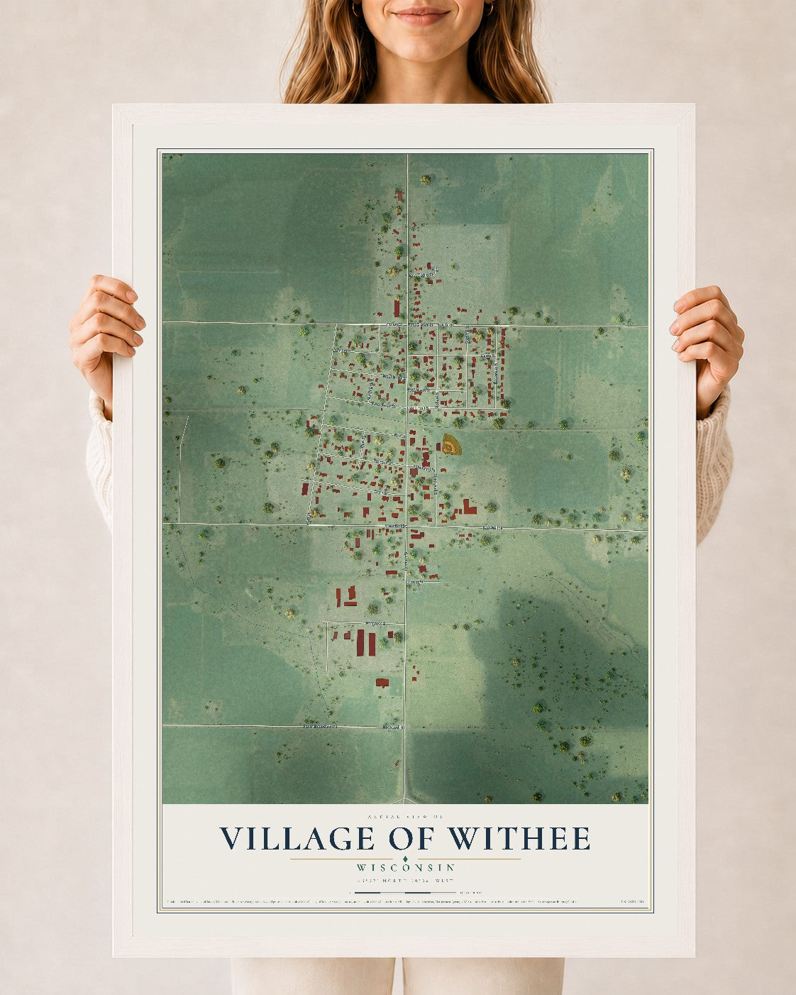 Map of Withee, Wisconsin, 24 x 36 inch print in a white wood frame