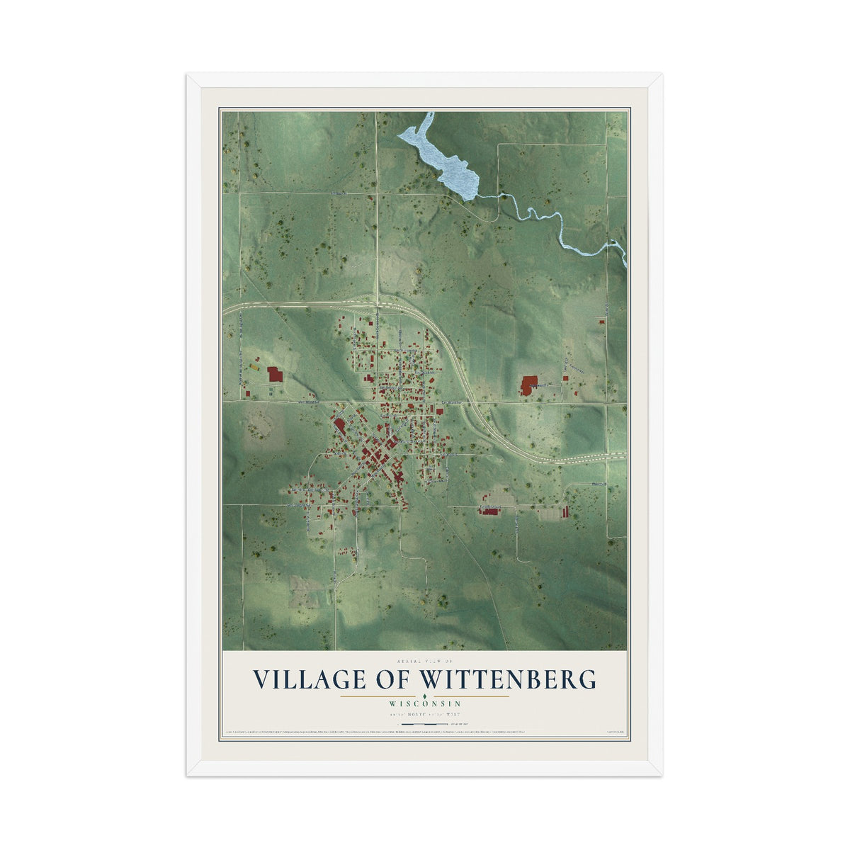 Map of Wittenberg, Wisconsin, 12 x 18 inch print in a white wood frame