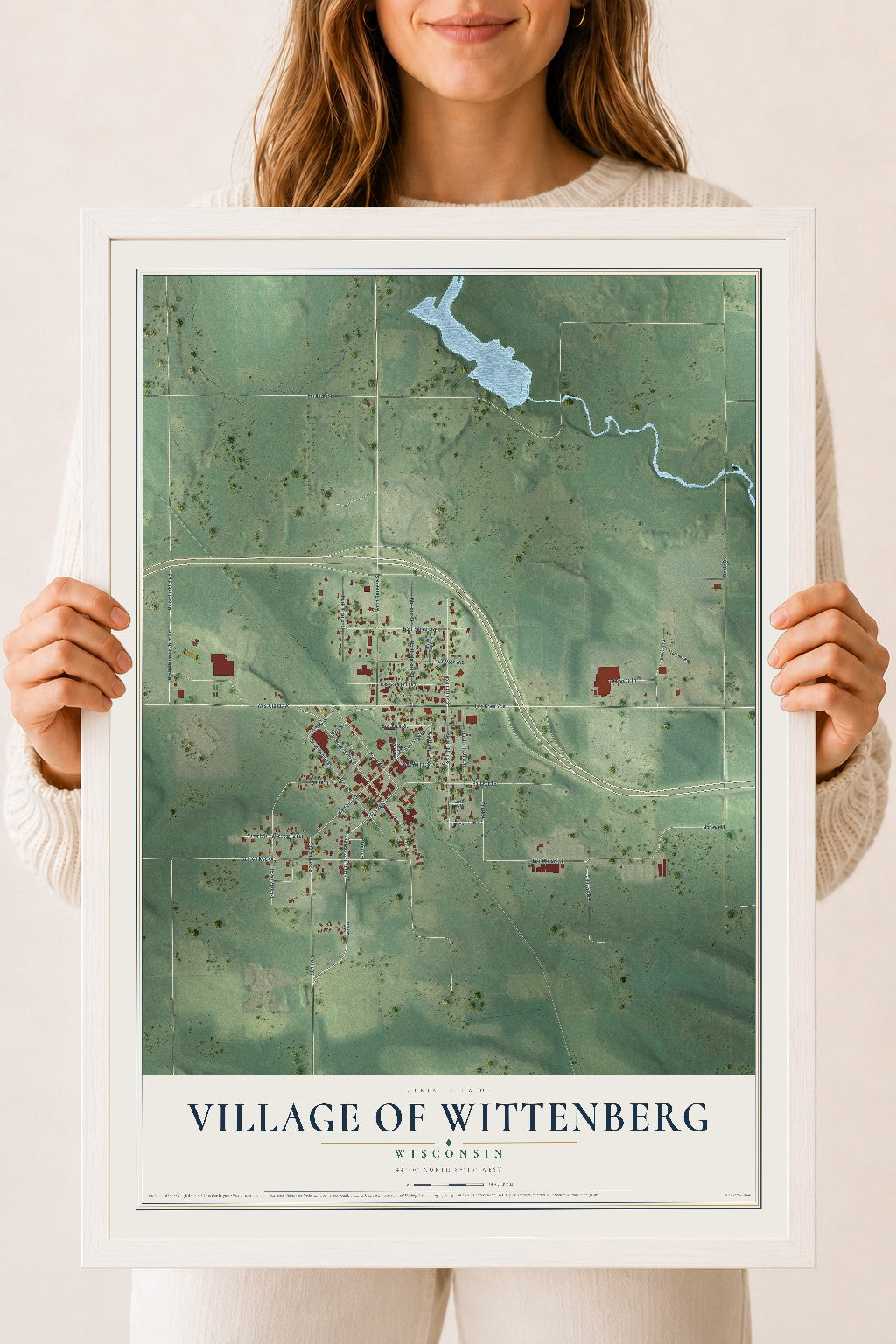 Map of Wittenberg, Wisconsin, 18 x 24 inch print in a white wood frame
