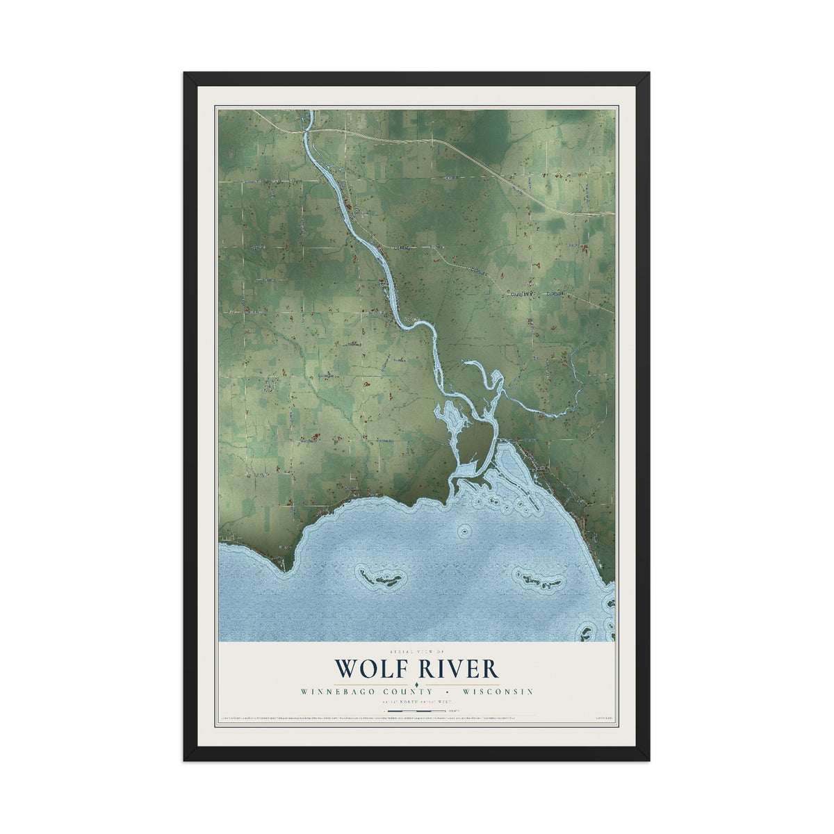 Map of Wolf River, Winnebago County, Wisconsin, 12 x 18 inch print in a black wood frame