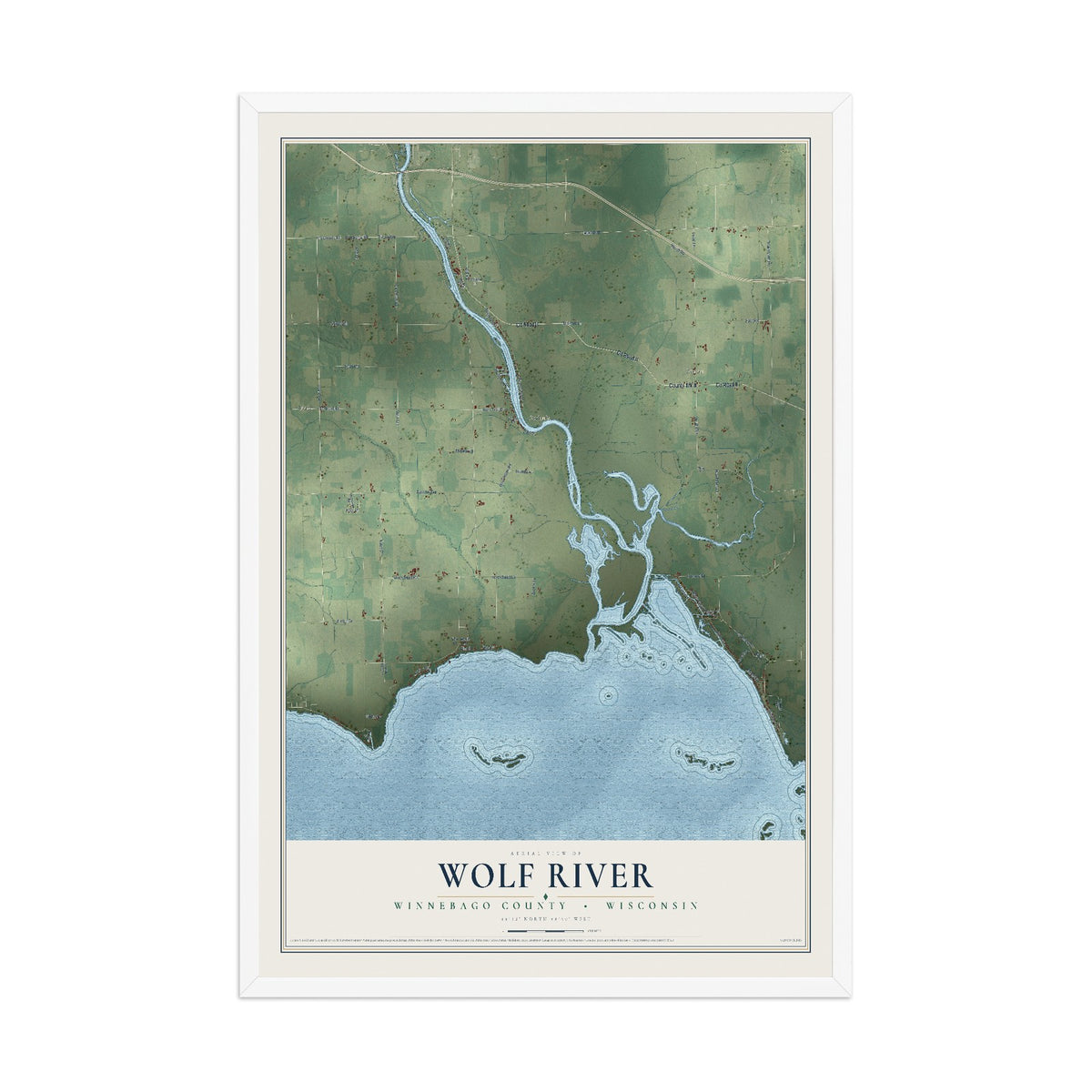 Map of Wolf River, Winnebago County, Wisconsin, 12 x 18 inch print in a white wood frame