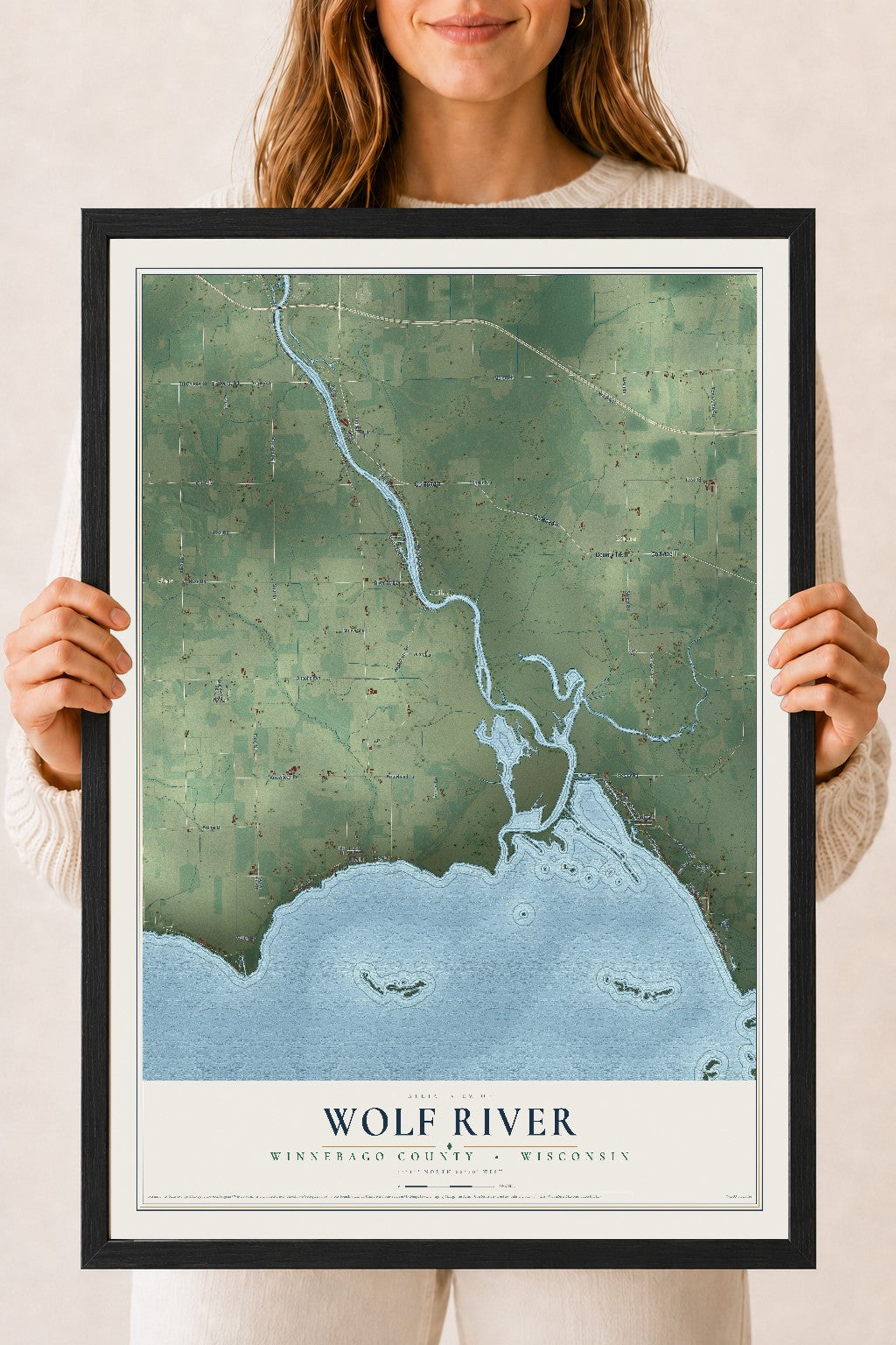 Map of Wolf River, Winnebago County, Wisconsin, 18 x 24 inch print in a black wood frame