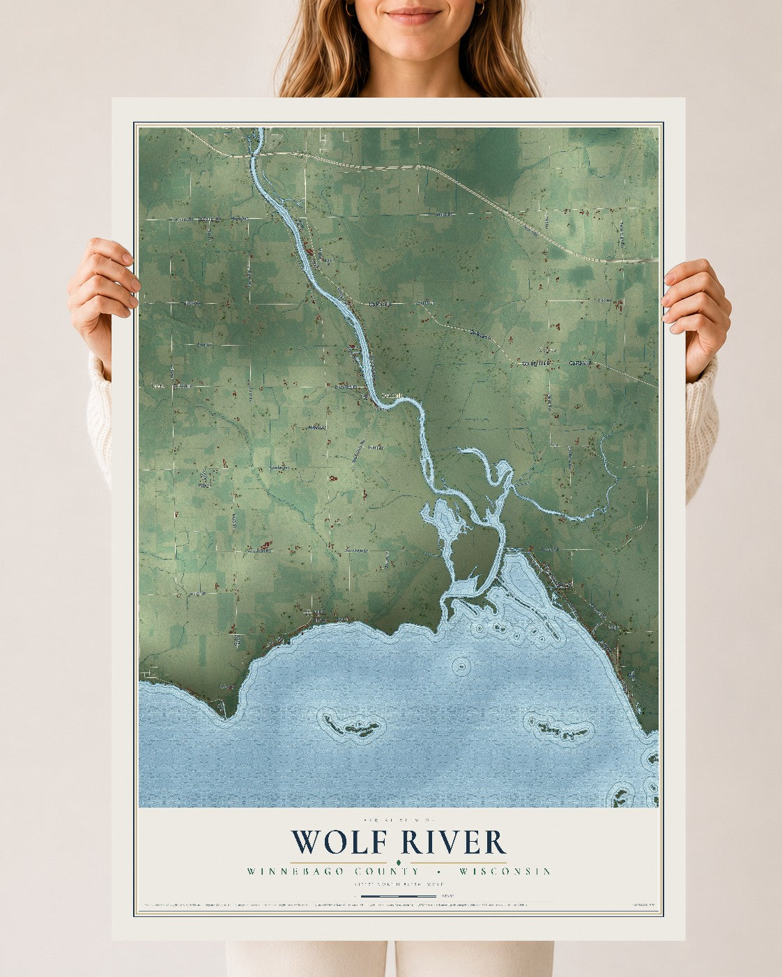 Map of Wolf River, Winnebago County, Wisconsin, 24 x 36 inch unframed archival matte print