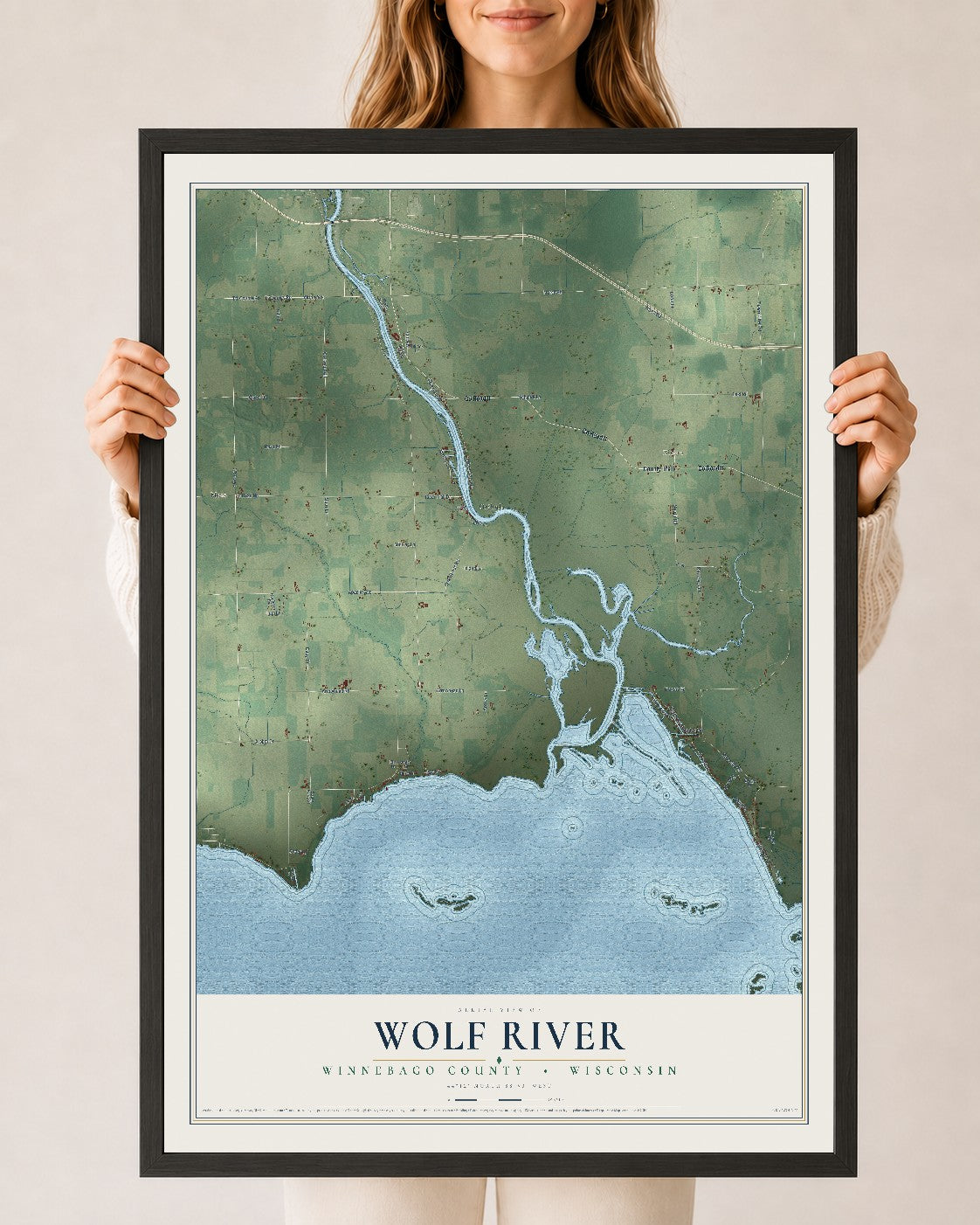 Map of Wolf River, Winnebago County, Wisconsin, 24 x 36 inch print in a black wood frame