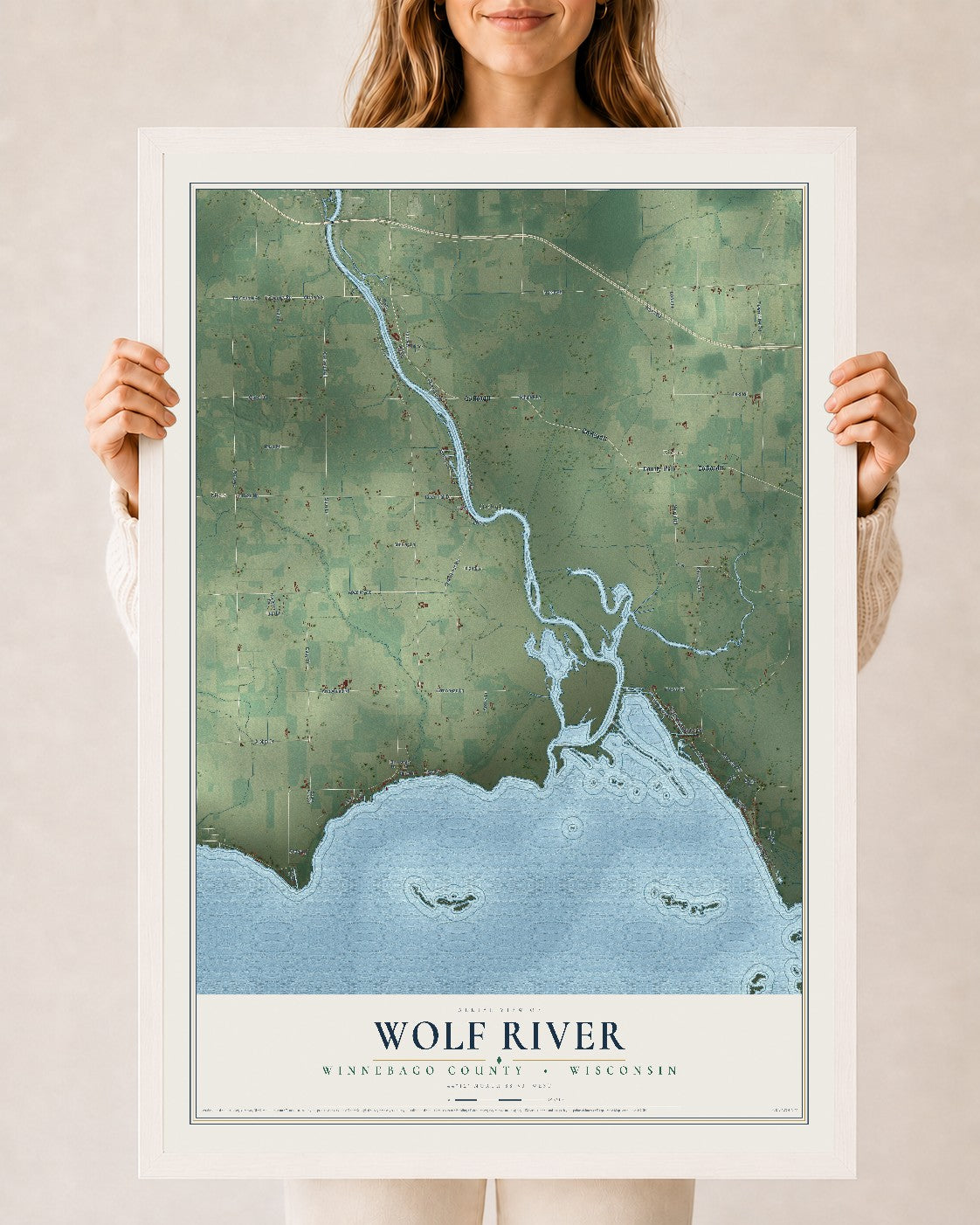 Map of Wolf River, Winnebago County, Wisconsin, 24 x 36 inch print in a white wood frame