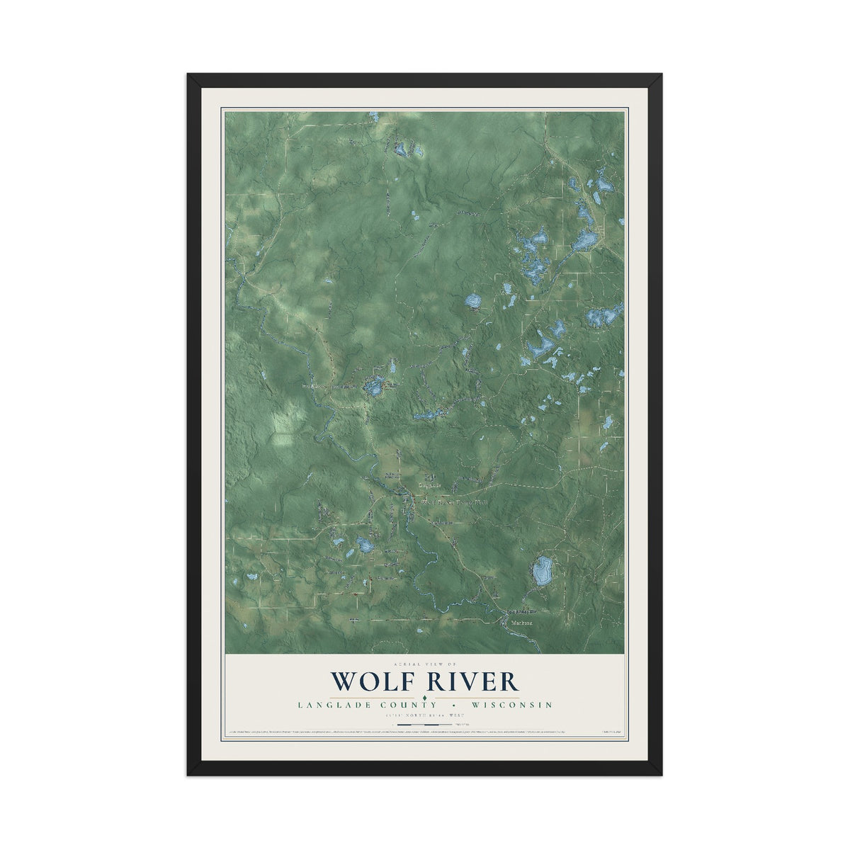 Map of Wolf River, Langlade County, Wisconsin, 12 x 18 inch print in a black wood frame