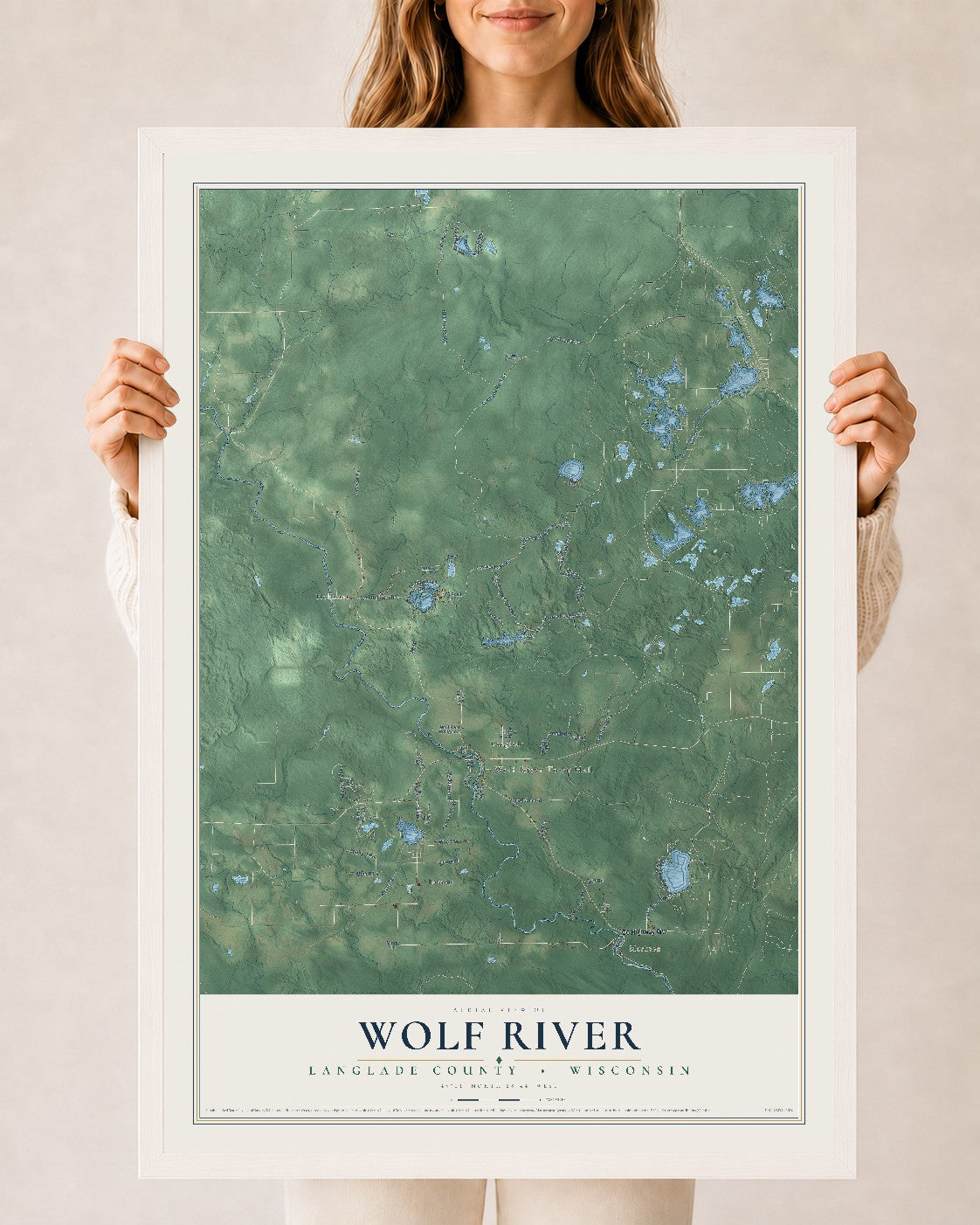 Map of Wolf River, Langlade County, Wisconsin, 24 x 36 inch print in a white wood frame