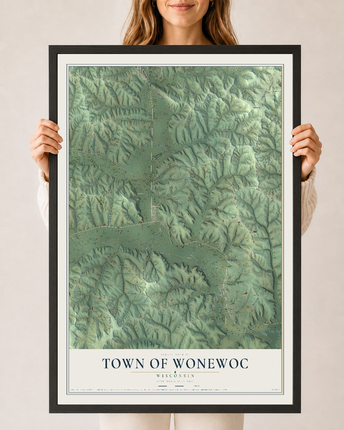 Map of the Town of Wonewoc, Wisconsin, 24 x 36 inch print in a black wood frame