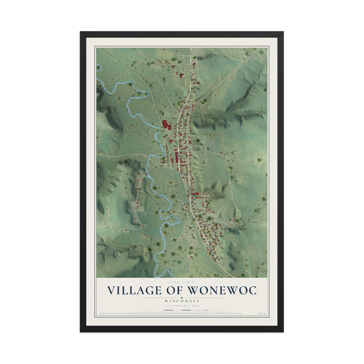Map of Wonewoc, Wisconsin, 12 x 18 inch print in a black wood frame