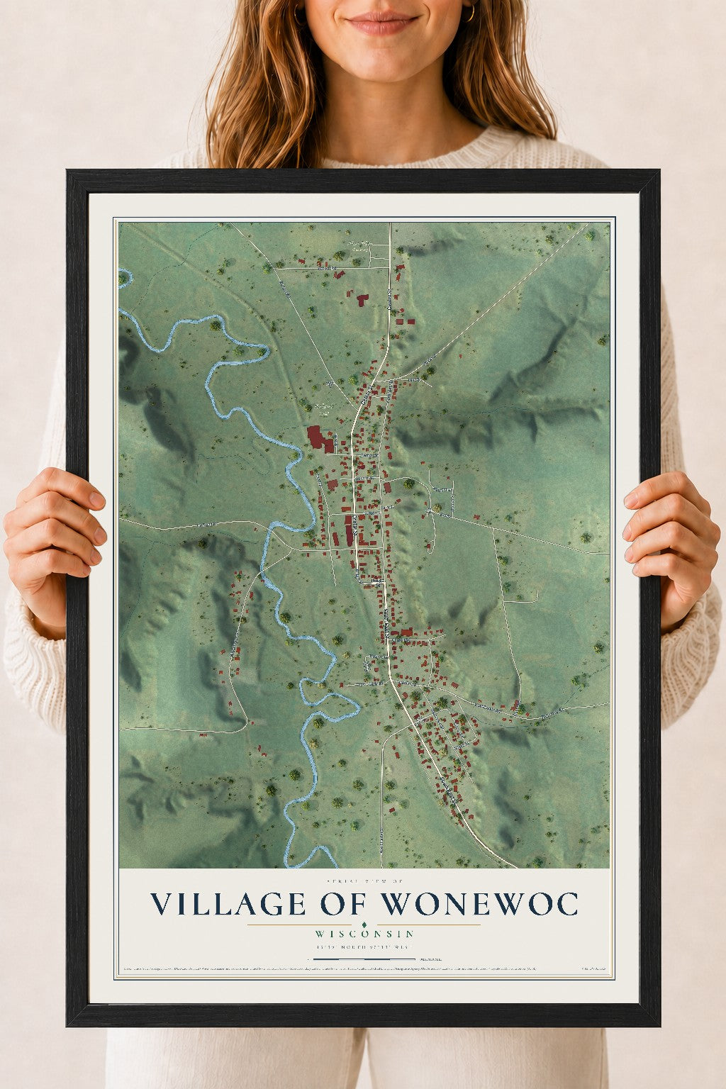 Map of Wonewoc, Wisconsin, 18 x 24 inch print in a black wood frame