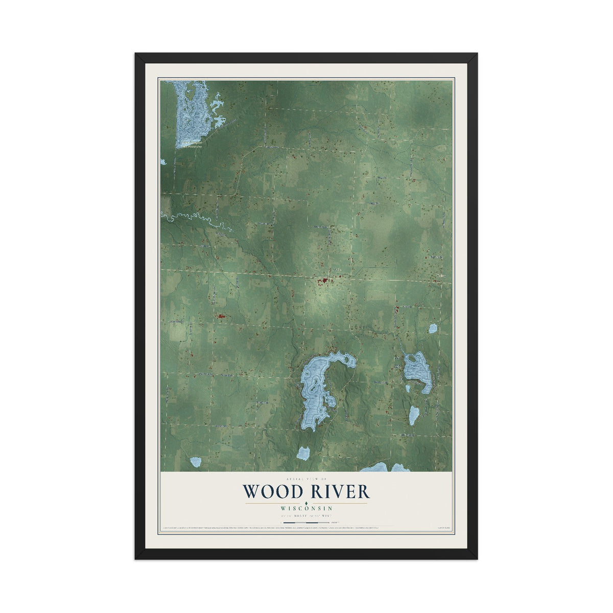 Map of Wood River, Wisconsin, 12 x 18 inch print in a black wood frame