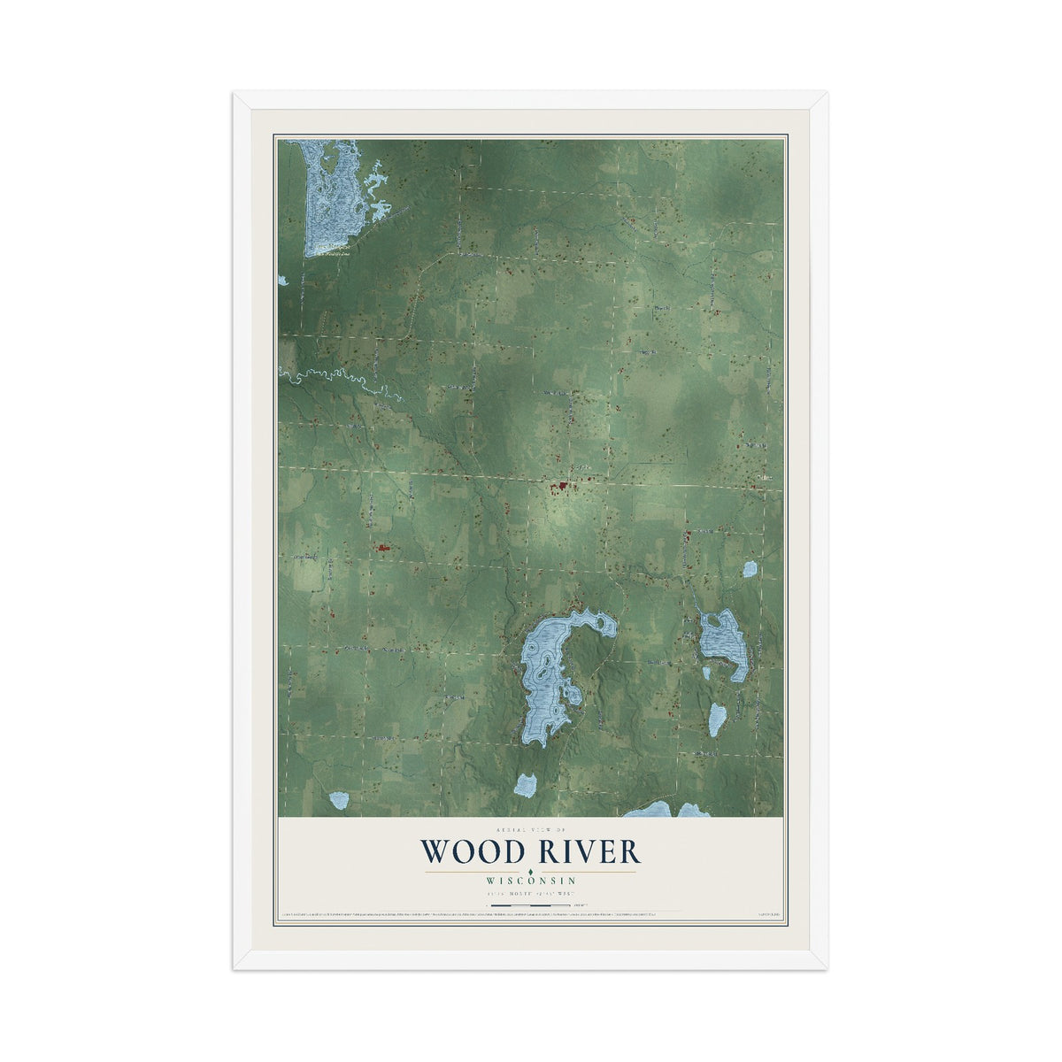 Map of Wood River, Wisconsin, 12 x 18 inch print in a white wood frame