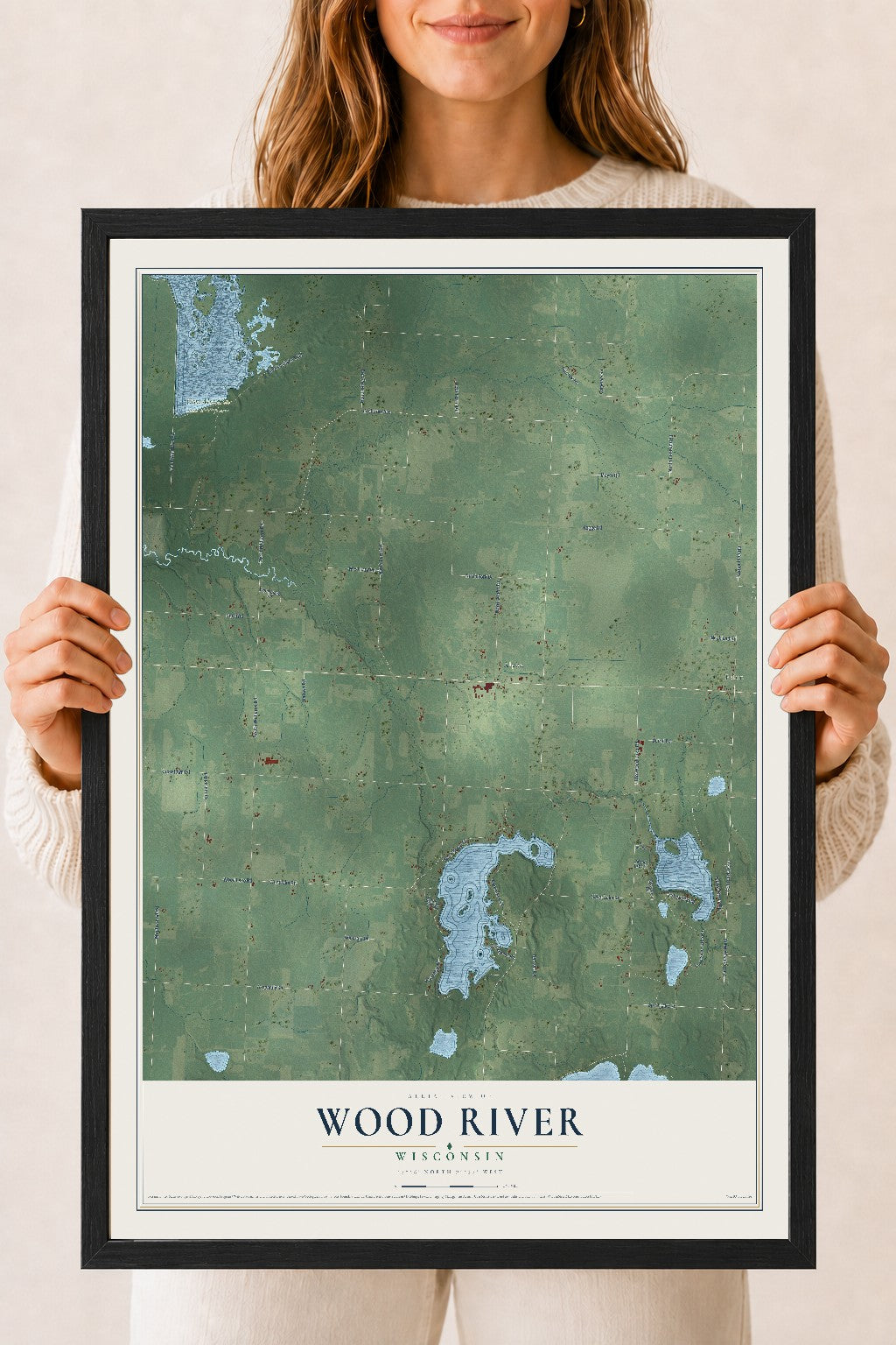 Map of Wood River, Wisconsin, 18 x 24 inch print in a black wood frame