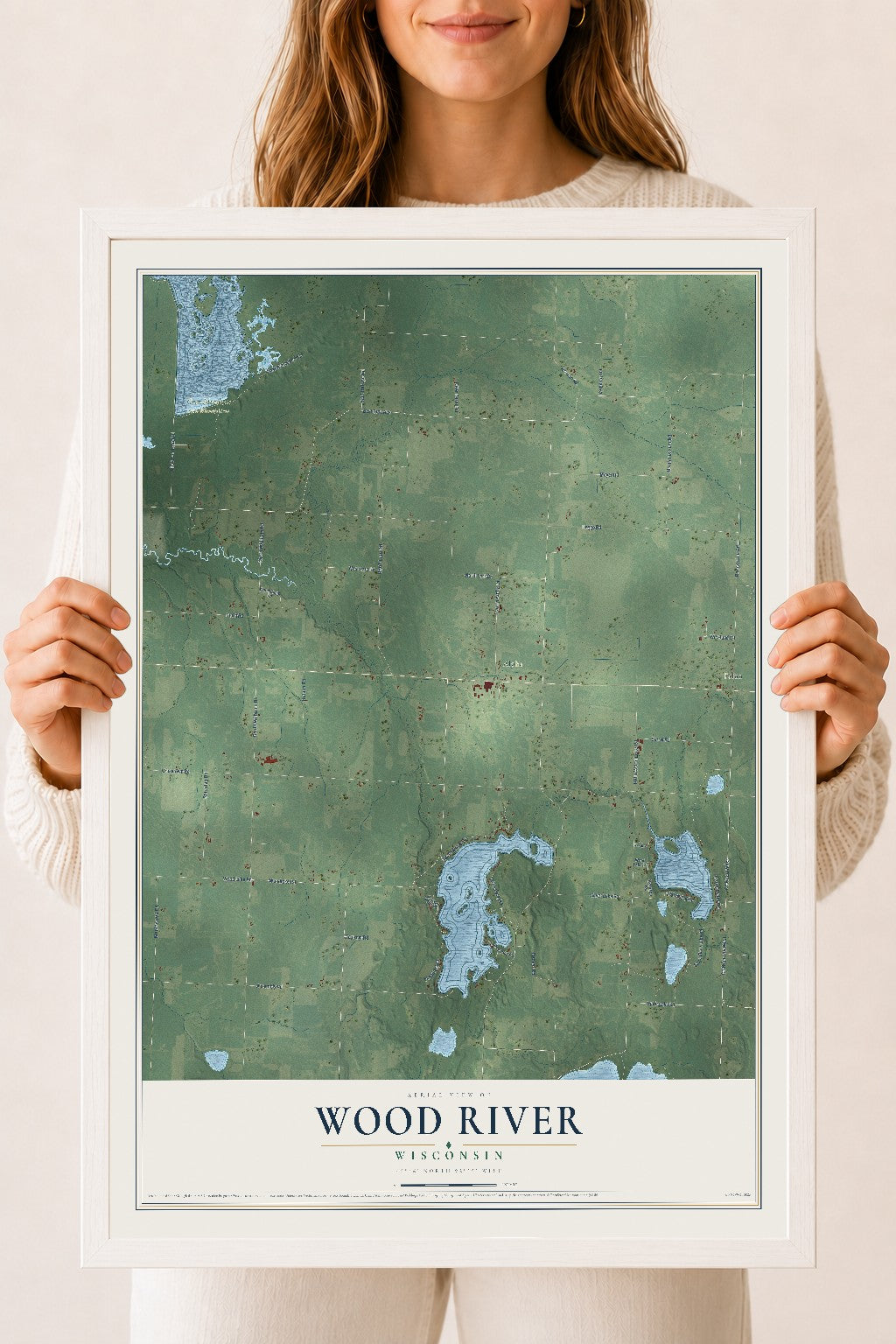 Map of Wood River, Wisconsin, 18 x 24 inch print in a white wood frame