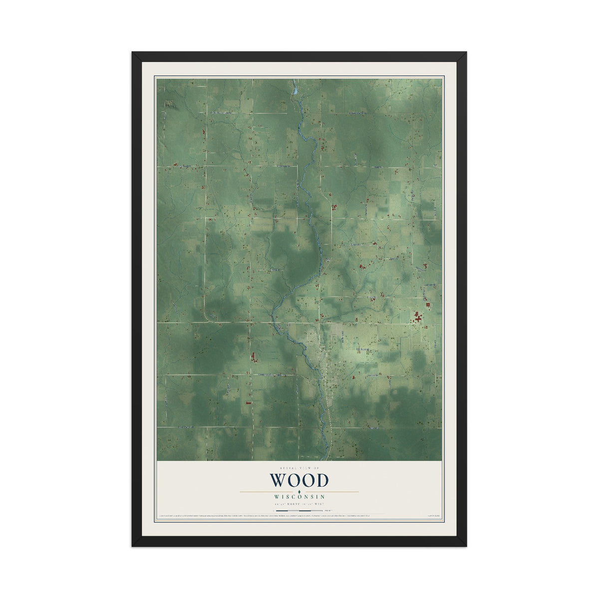 Map of Wood, Wisconsin, 12 x 18 inch print in a black wood frame