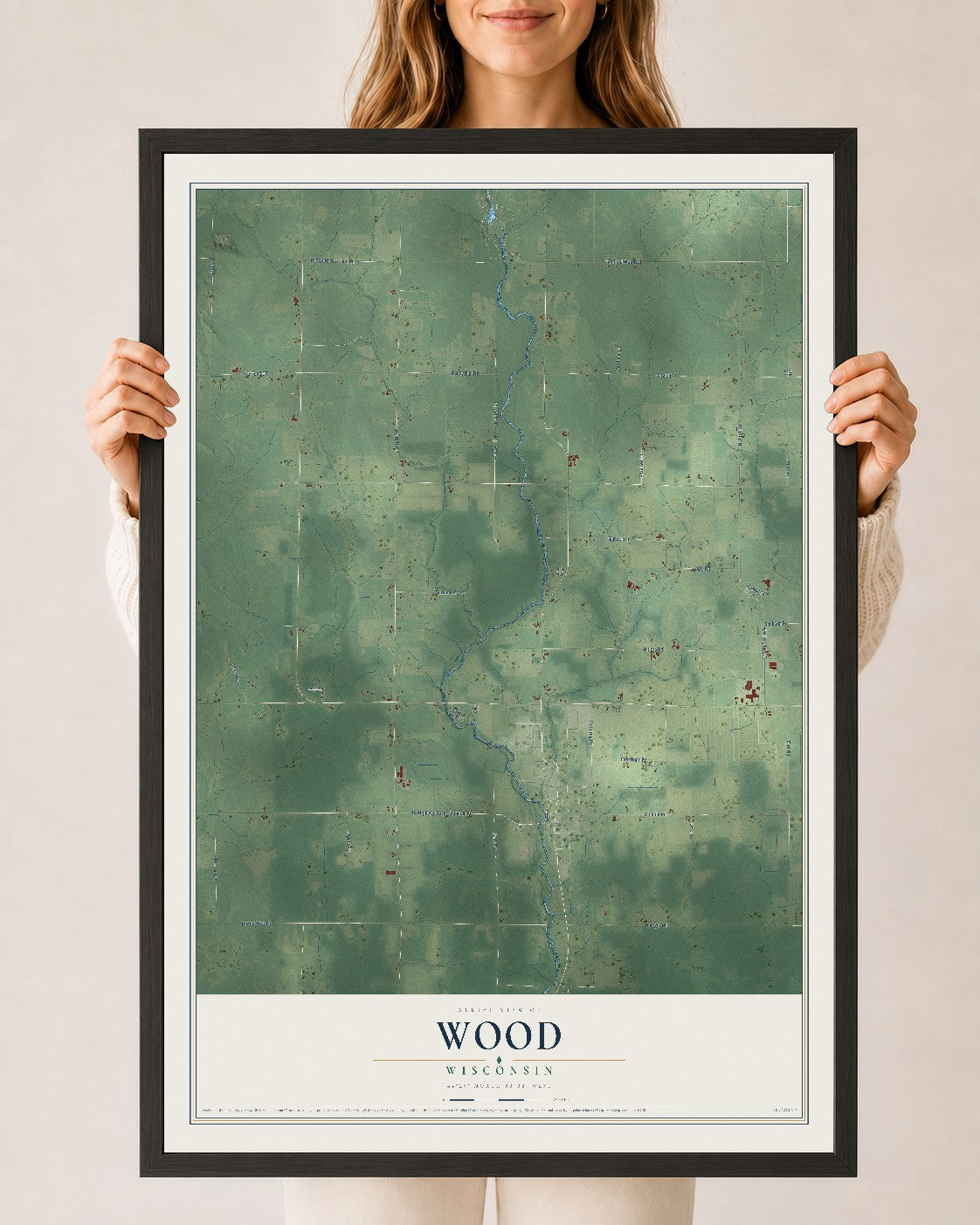 Map of Wood, Wisconsin, 24 x 36 inch print in a black wood frame