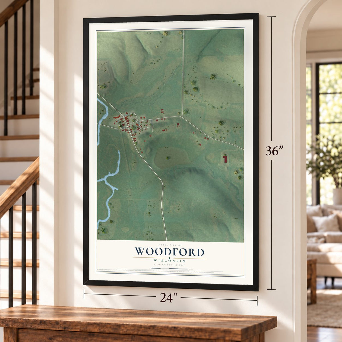 Woodford, Wisconsin map, 24 x 36 inch print in a black frame by a staircase