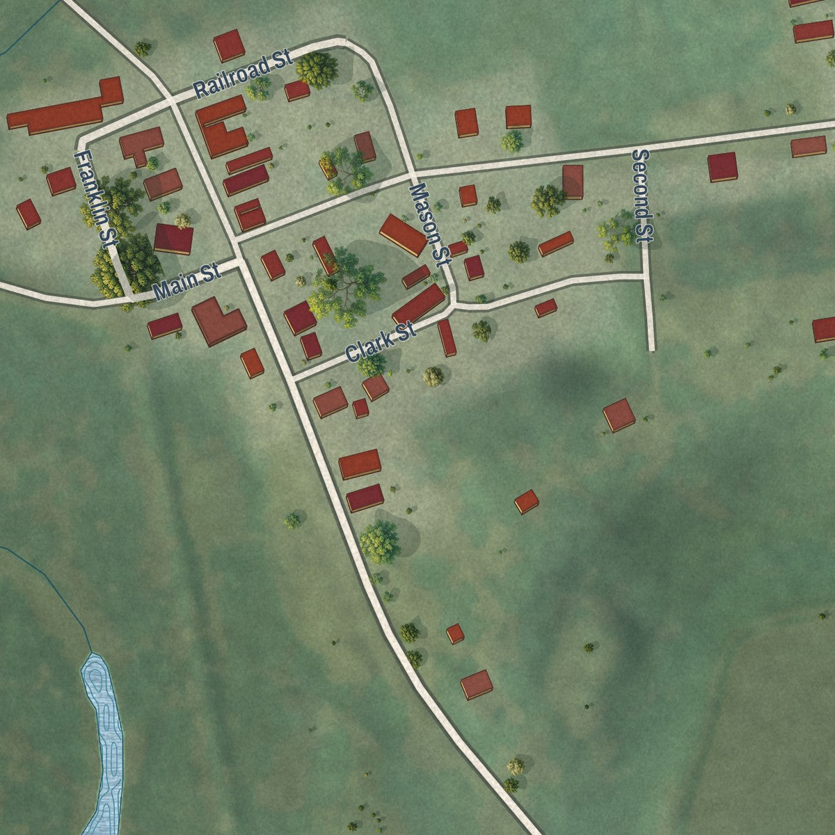 Close-up of the map of Woodford, Wisconsin print showing street and building detail