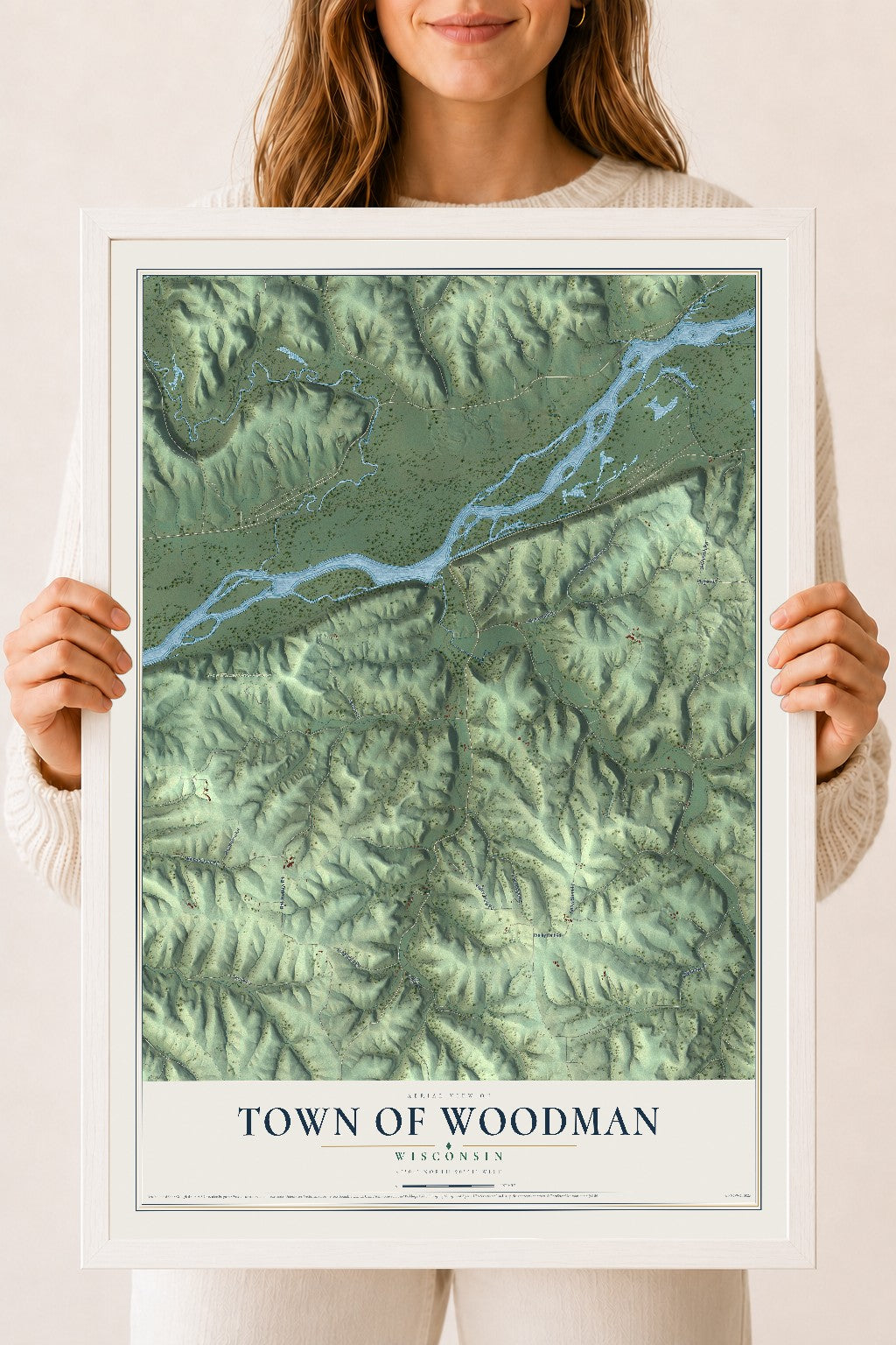 Map of the Town of Woodman, Wisconsin, 18 x 24 inch print in a white wood frame