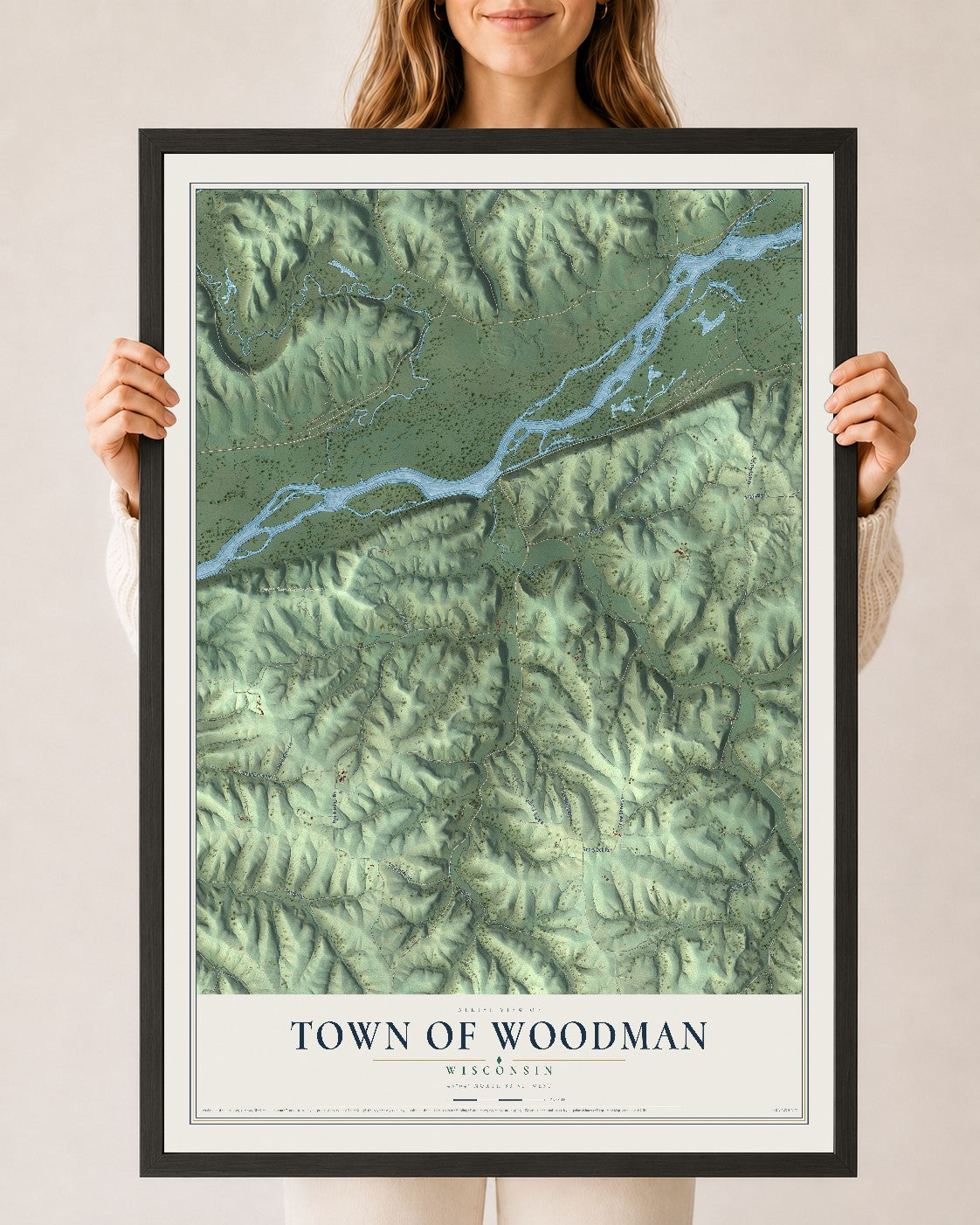 Map of the Town of Woodman, Wisconsin, 24 x 36 inch print in a black wood frame