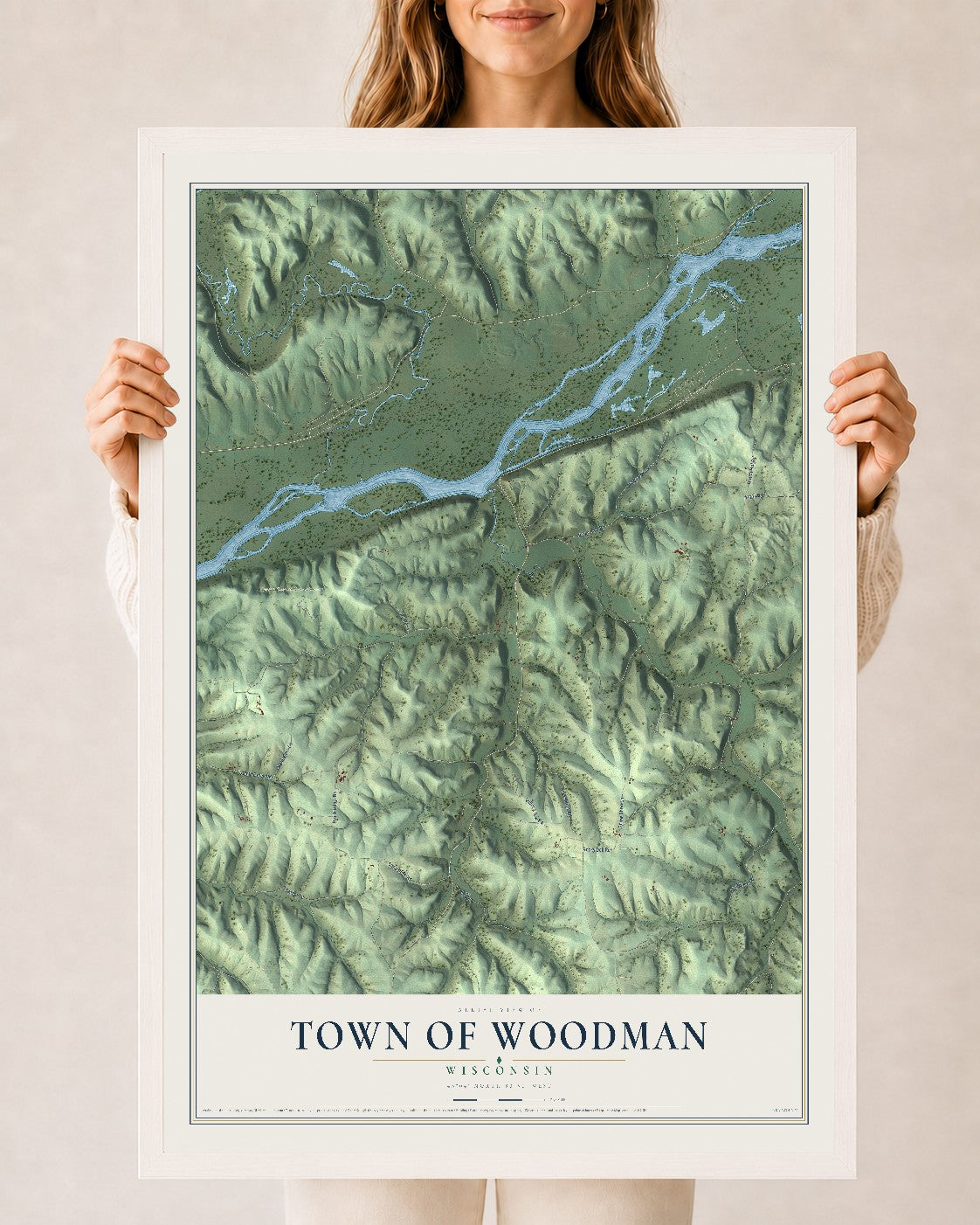 Map of the Town of Woodman, Wisconsin, 24 x 36 inch print in a white wood frame
