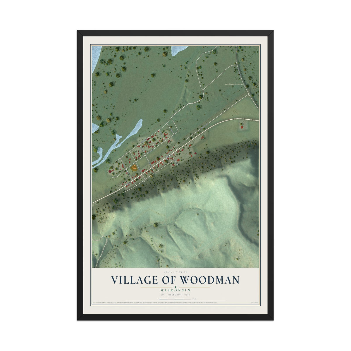 Map of Woodman, Wisconsin, 12 x 18 inch print in a black wood frame