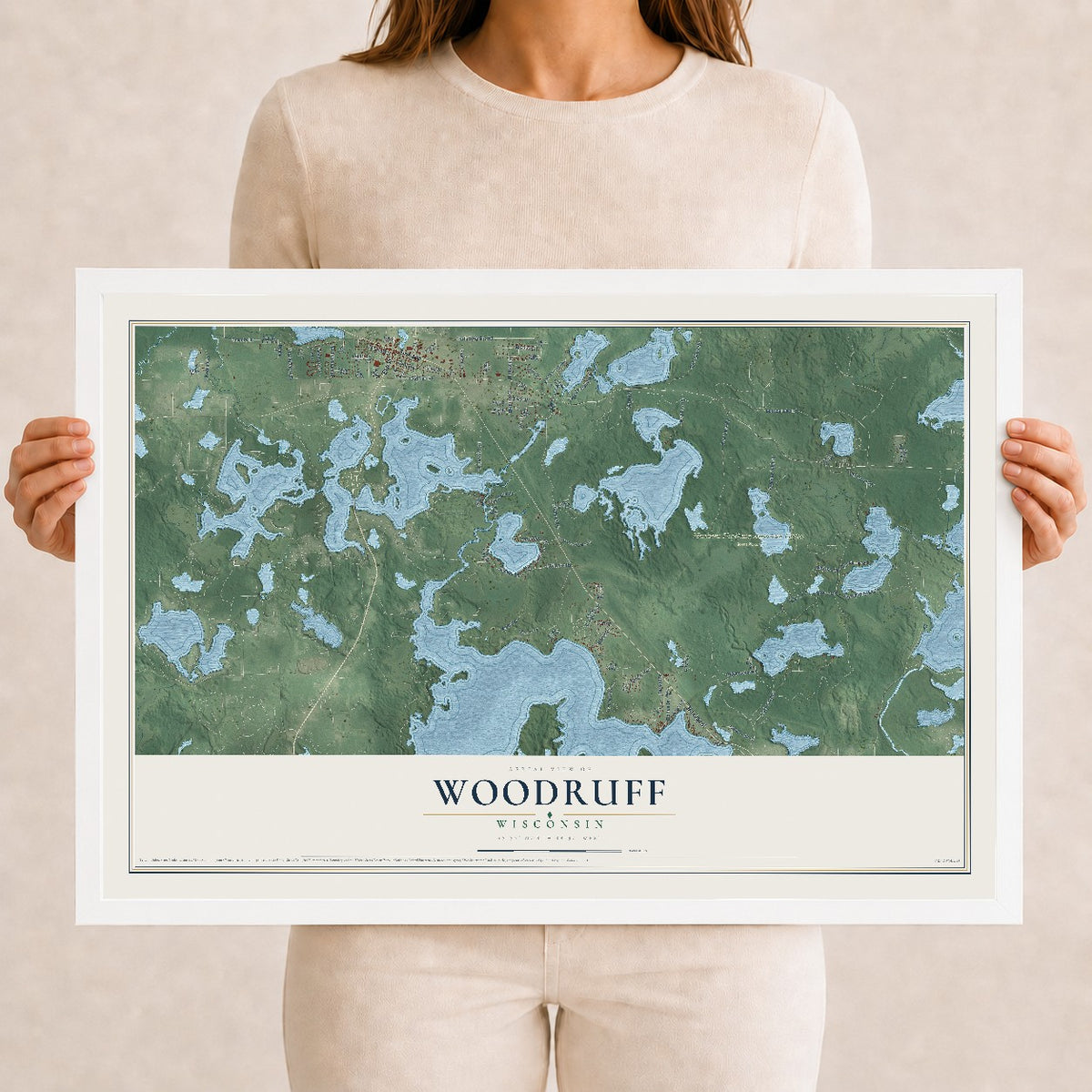 Map of Woodruff, Wisconsin, 12 x 18 inch print in a white wood frame