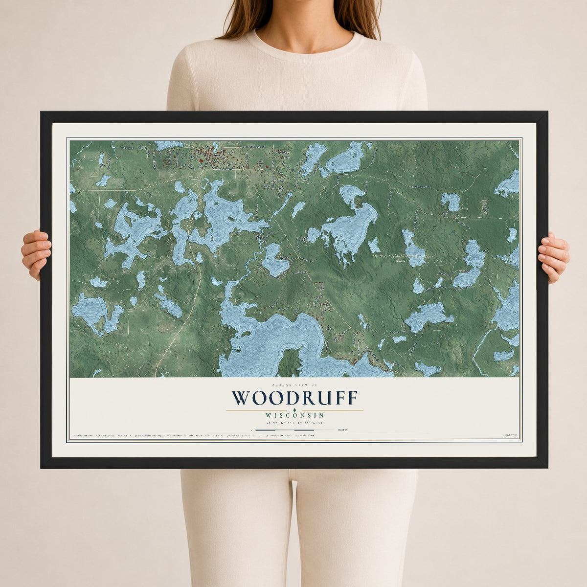 Map of Woodruff, Wisconsin, 24 x 36 inch print in a black wood frame